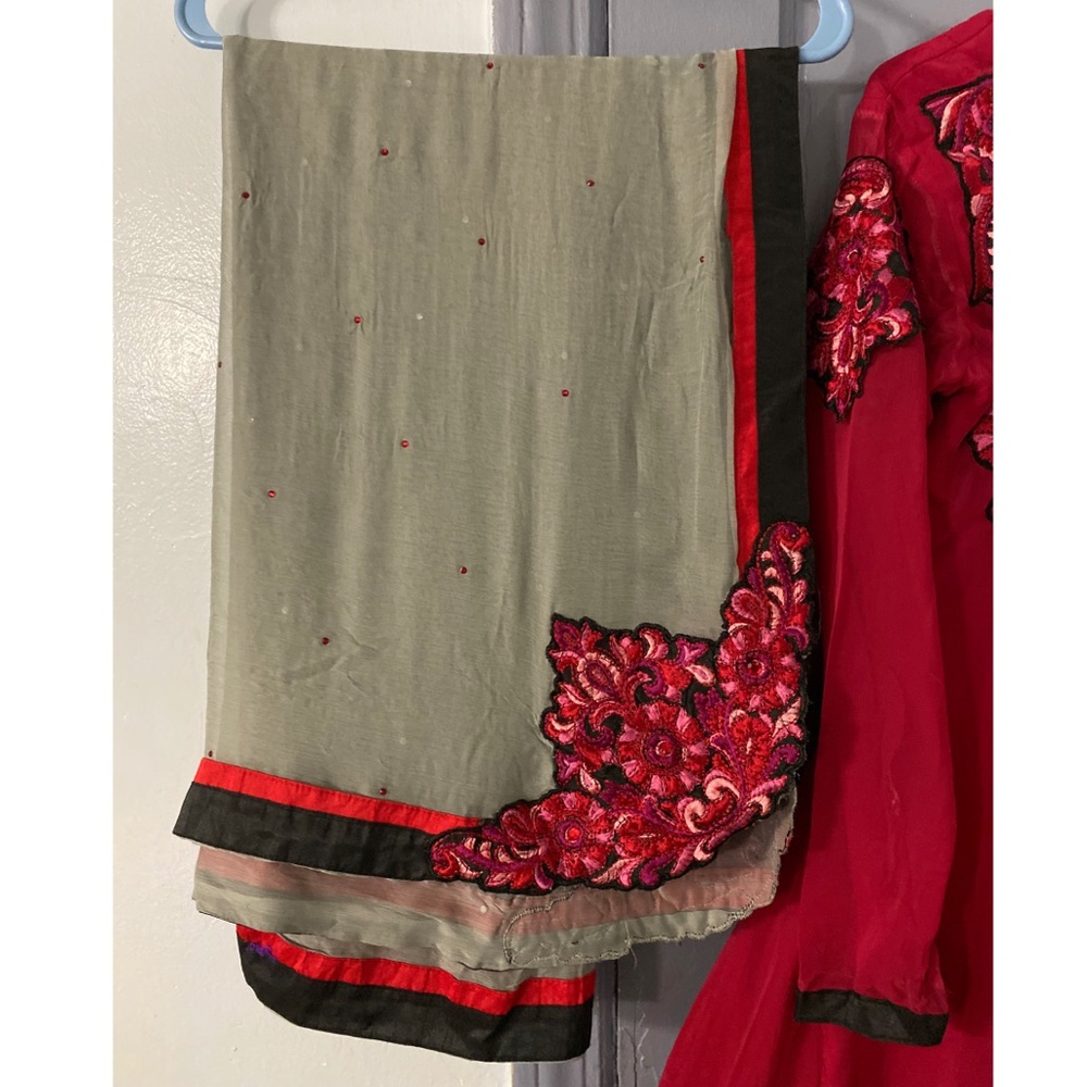 Red and Gray Embroidered Ruffled Anarkali - Picture 2 of 4